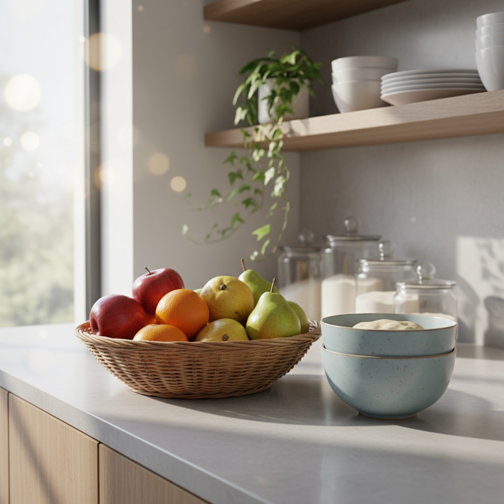 'Close-up photograph of sunlit a kitchen counter displaying a fruit bowl and two stacks of two small blue-speckled mugs on...