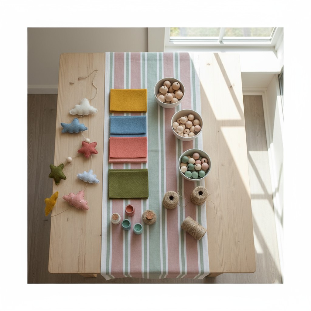 A set of felt mountain ranges and stars (with possibly wood bases), craft wood beads, string, and wooden dowel wrapping wi...