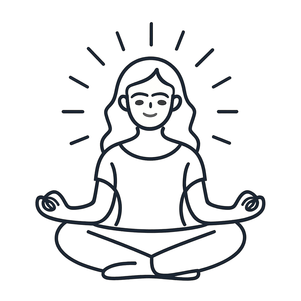 A meditating woman with closed eyes and a peaceful smile, surrounded by a halo-like sunburst in the background.